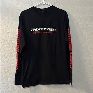Gildan Black and Red Long Sleeve Tee with Bold Graphic Design